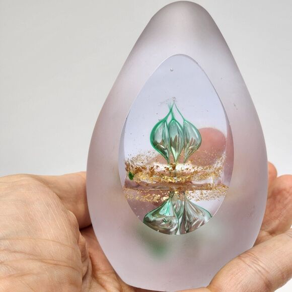 Svaja Art Glass Hand Blown Paperweight Captured Glass Atomic Look Egg Shape - Picture 2 of 7